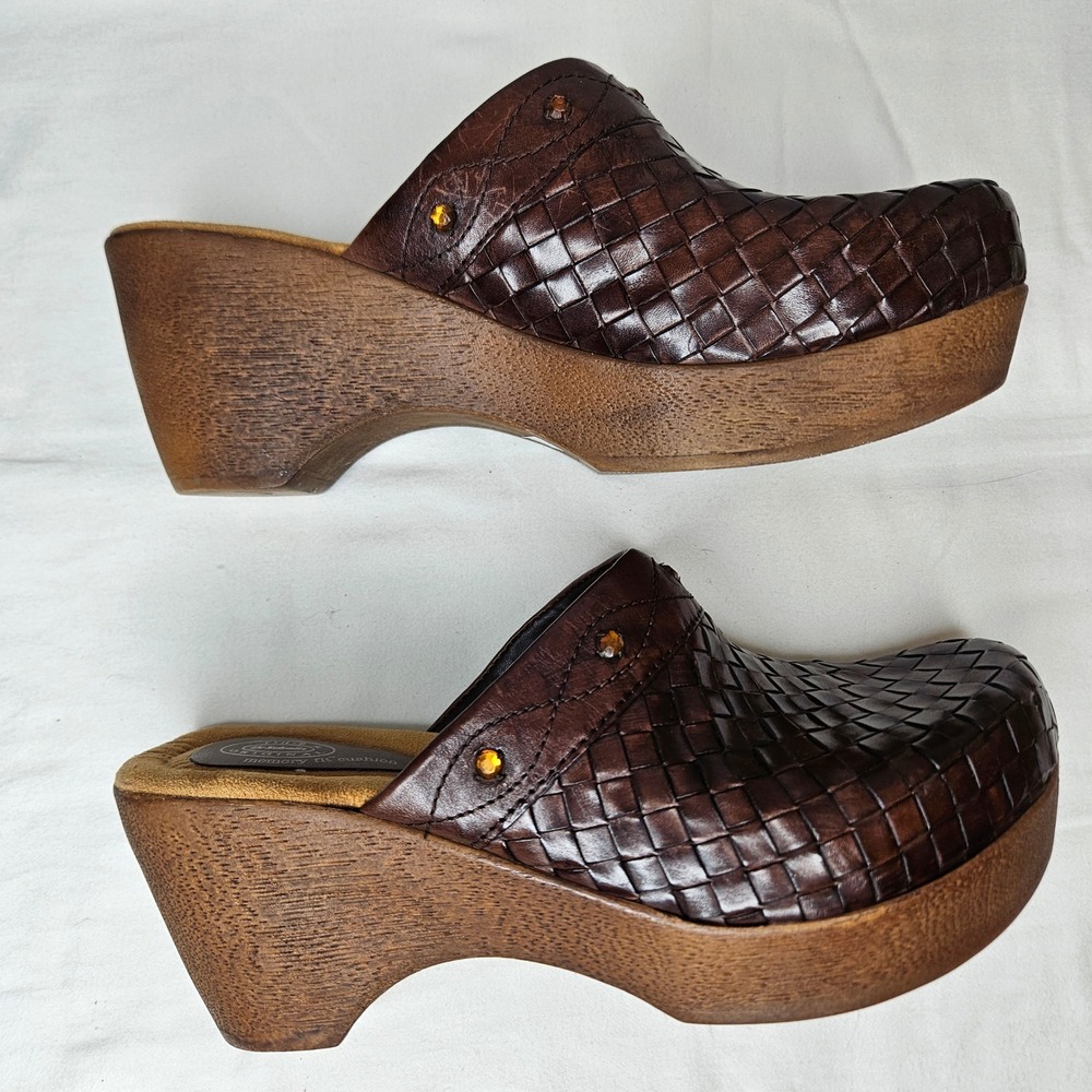 Dr Scholls Lattice Brown Woven Leather Clog Mules Wedge Platform Rhinestone 9M - Picture 4 of 9